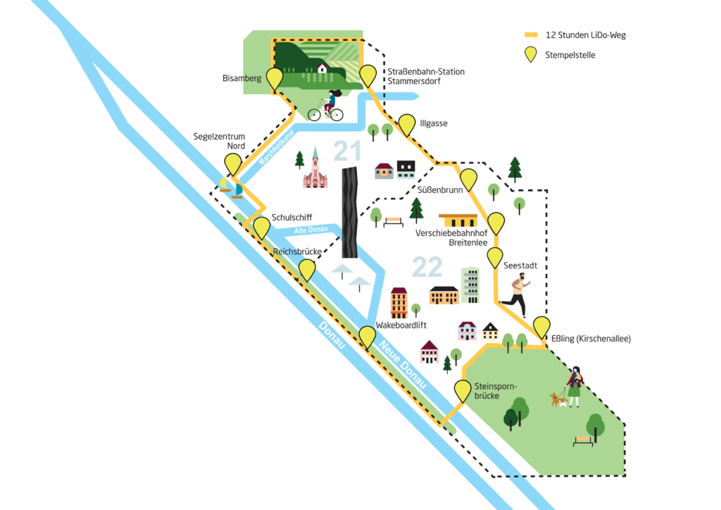 illustrierte Karte der Strecke samt eingezeichneter Stempelstationen